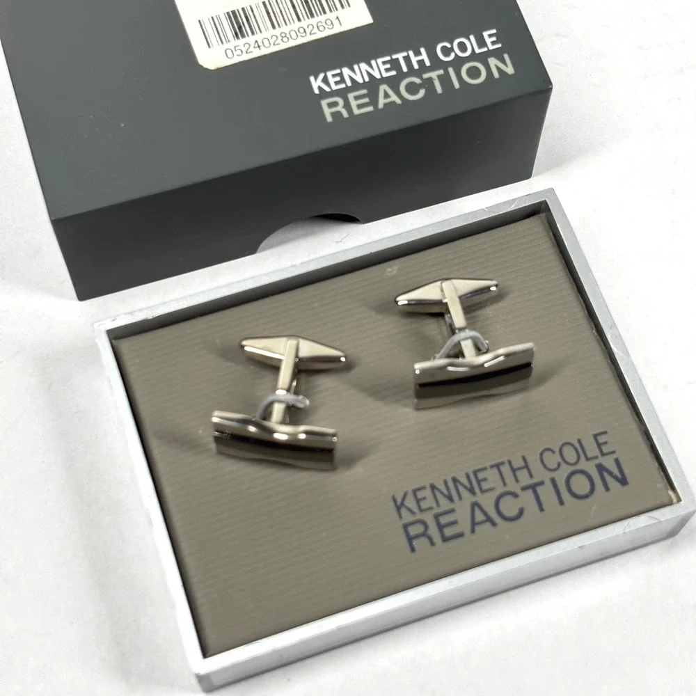 Kenneth Cole‎ Reaction Mens Silver Tone Black Enamel Cufflinks 61KC43X041 NIB